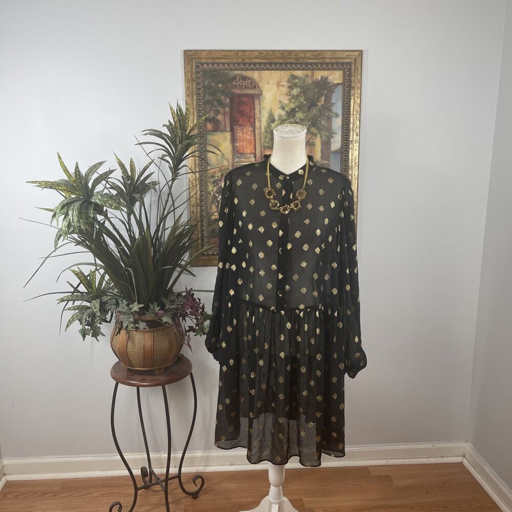 H&M Black Gold Metallic Dot Sheer Tiered Dress Women's Medium Long Sleeve